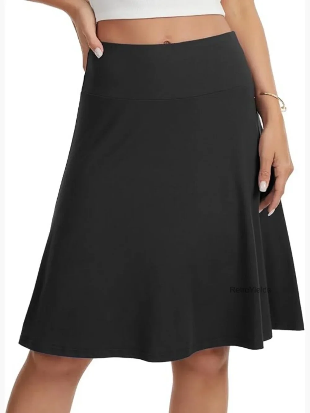 High Waisted A-Line Knee Length Skater Skirt Soft Knit Stretchy - Picture 1 of 6